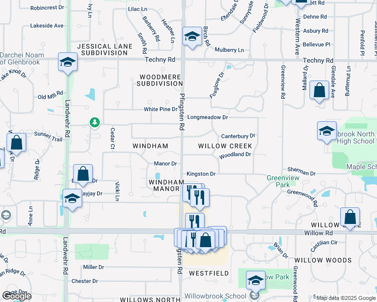 map of restaurants, bars, coffee shops, grocery stores, and more near 2804 Woodland Drive in Northbrook