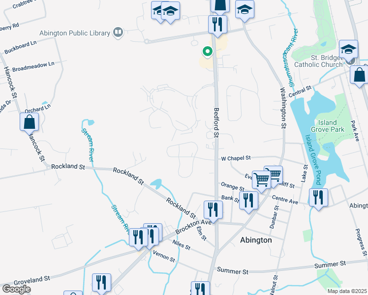 map of restaurants, bars, coffee shops, grocery stores, and more near 6 Forsyth Drive in Abington