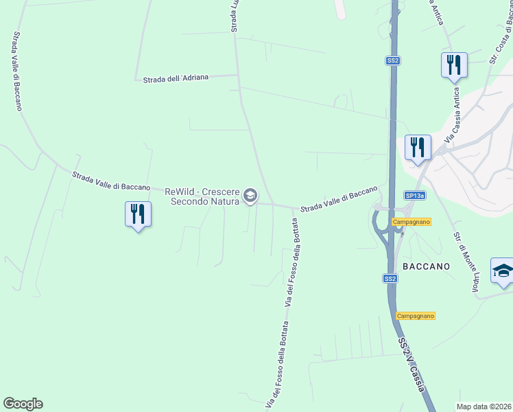 map of restaurants, bars, coffee shops, grocery stores, and more near 5b Strada Valle di Baccano in Città metropolitana di Roma Capitale