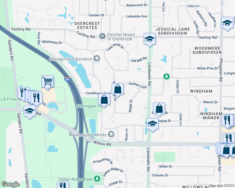 map of restaurants, bars, coffee shops, grocery stores, and more near 2305 White Oak Drive in Northbrook