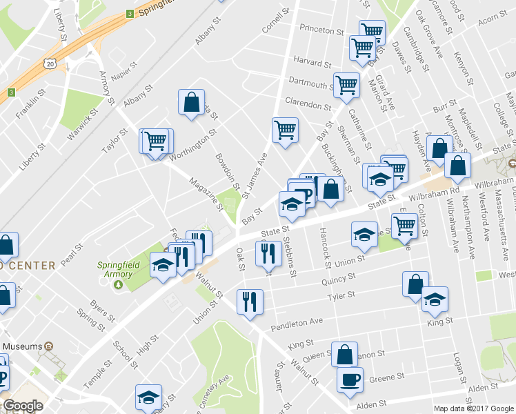 map of restaurants, bars, coffee shops, grocery stores, and more near 42 Bay Street in Springfield