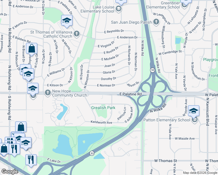 map of restaurants, bars, coffee shops, grocery stores, and more near 1365 East Norman Drive in Palatine