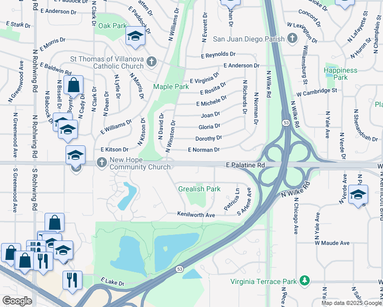 map of restaurants, bars, coffee shops, grocery stores, and more near 1327 East Norman Drive in Palatine