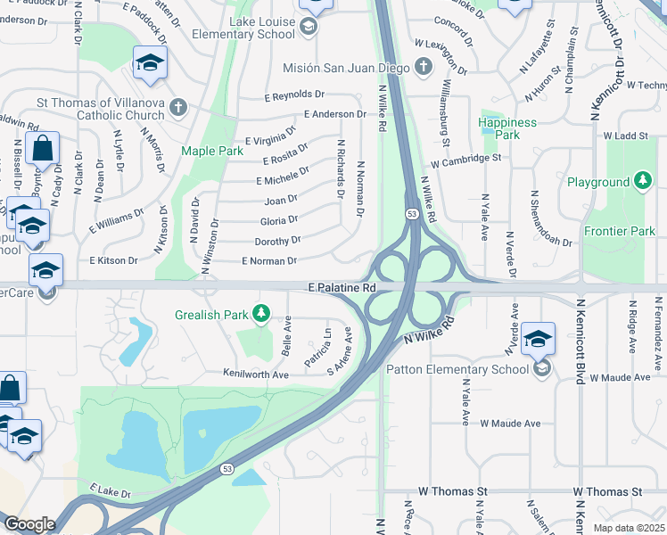 map of restaurants, bars, coffee shops, grocery stores, and more near 1505 Alison Drive in Palatine