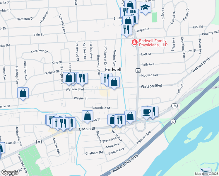 map of restaurants, bars, coffee shops, grocery stores, and more near 3305 Watson Boulevard in Endwell