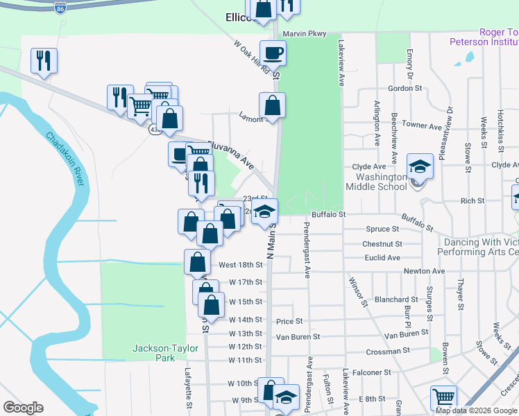 map of restaurants, bars, coffee shops, grocery stores, and more near 12 22nd Street in Jamestown