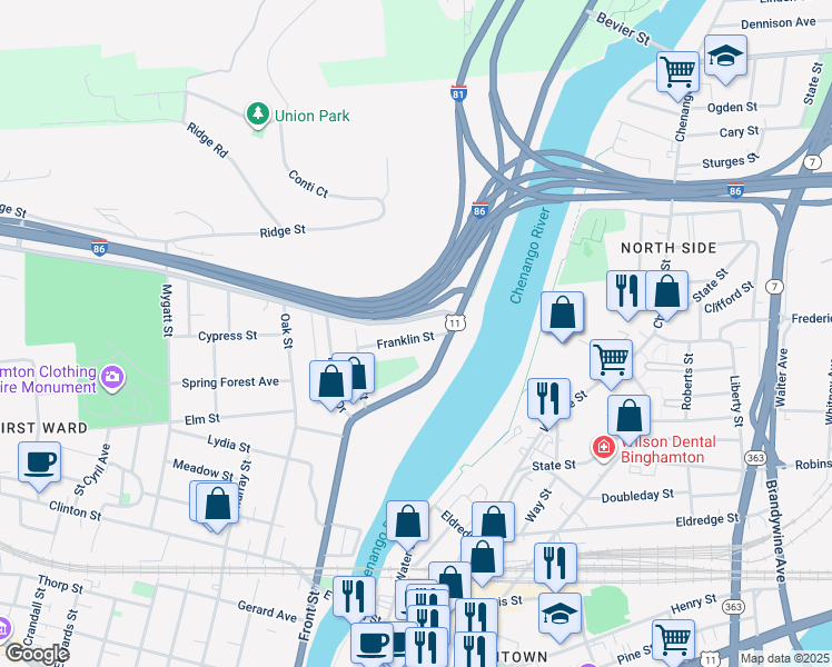 map of restaurants, bars, coffee shops, grocery stores, and more near 12 Franklin Street in Binghamton