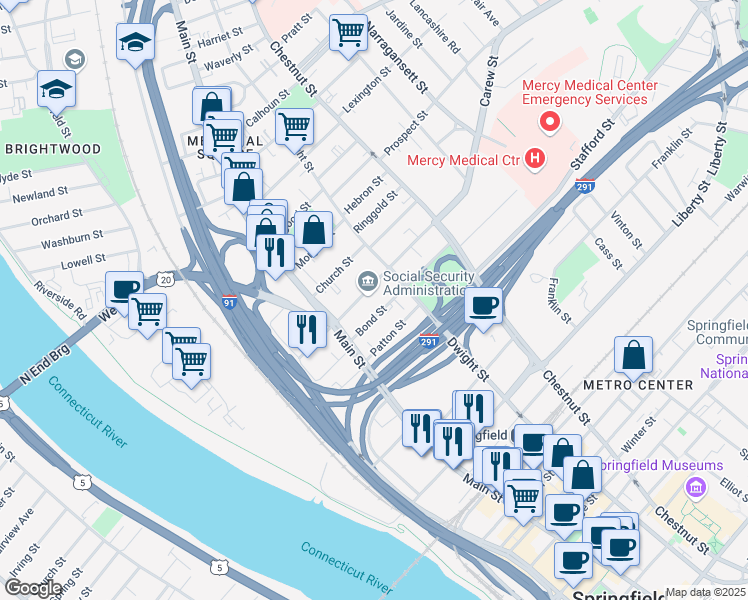 map of restaurants, bars, coffee shops, grocery stores, and more near 70 Bond Street in Springfield
