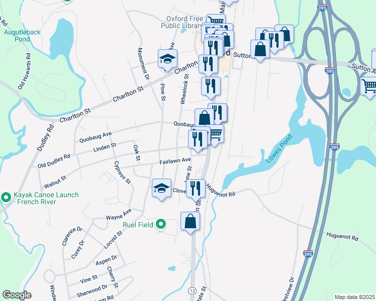 map of restaurants, bars, coffee shops, grocery stores, and more near 43 Wheelock Street in Oxford