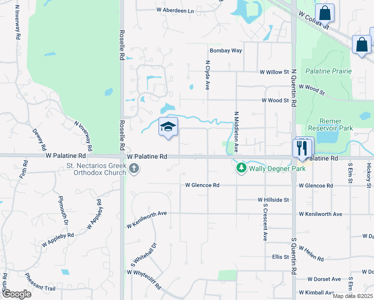 map of restaurants, bars, coffee shops, grocery stores, and more near 1206 West Palatine Road in Palatine