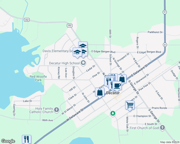 map of restaurants, bars, coffee shops, grocery stores, and more near 109 Cedar Street in Decatur