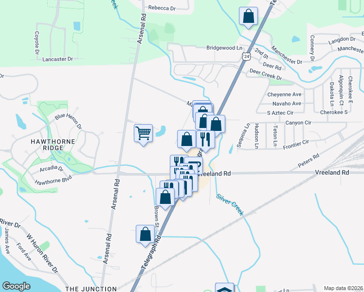 map of restaurants, bars, coffee shops, grocery stores, and more near 26801 Emma Avenue in Flat Rock
