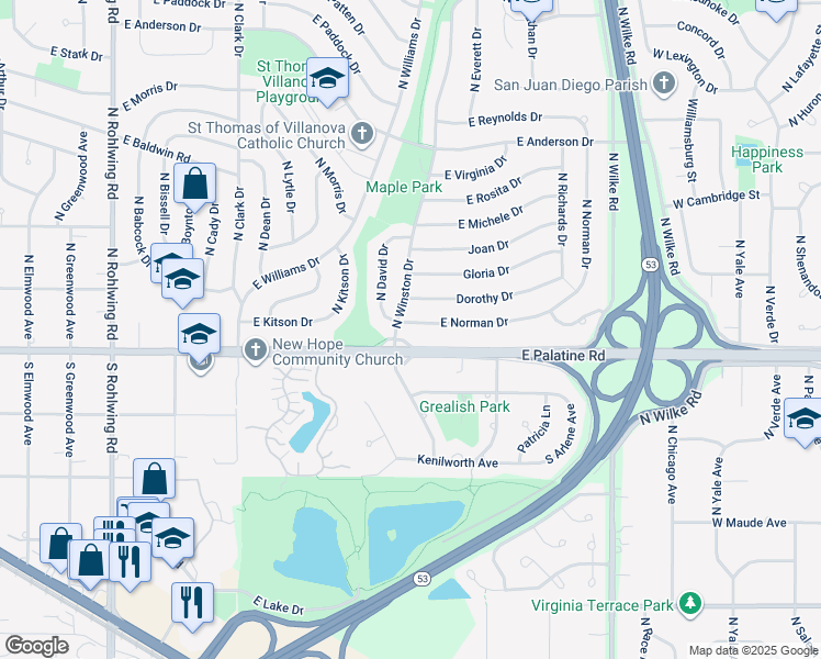 map of restaurants, bars, coffee shops, grocery stores, and more near 1253 East Norman Drive in Palatine