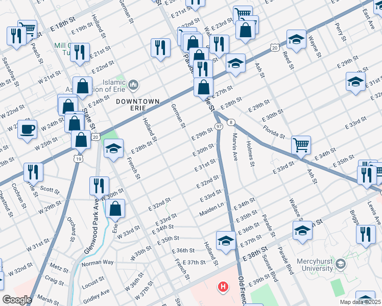 map of restaurants, bars, coffee shops, grocery stores, and more near 264 East 30th Street in Erie