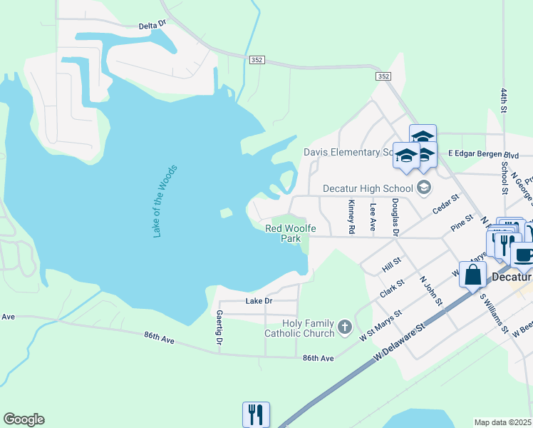 map of restaurants, bars, coffee shops, grocery stores, and more near 45468 Lake Drive in Decatur