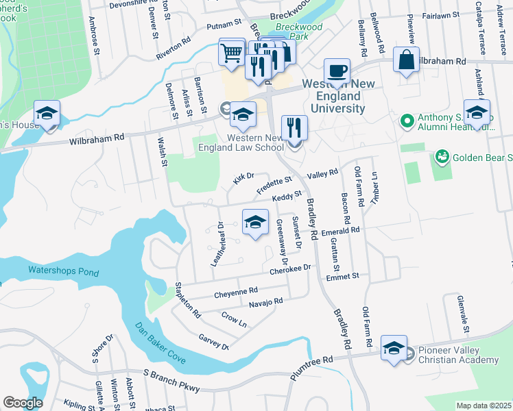 map of restaurants, bars, coffee shops, grocery stores, and more near 85 Keddy Street in Springfield