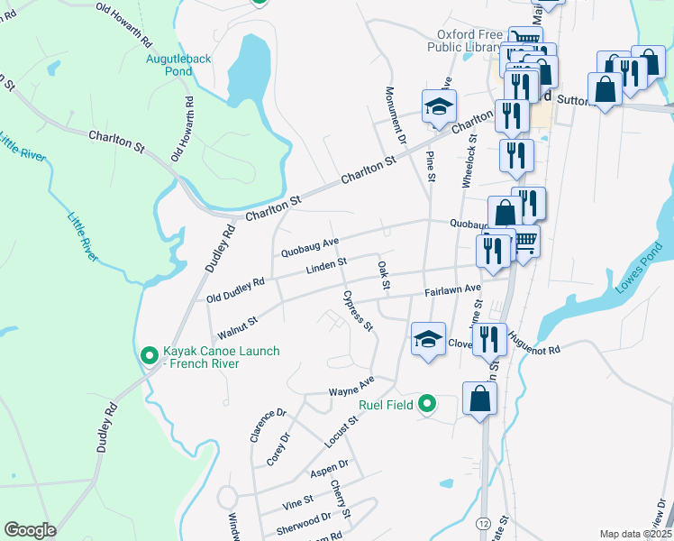 map of restaurants, bars, coffee shops, grocery stores, and more near 25 Cypress Street in Oxford