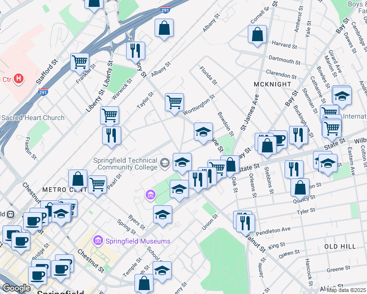 map of restaurants, bars, coffee shops, grocery stores, and more near 7 Armory Street in Springfield