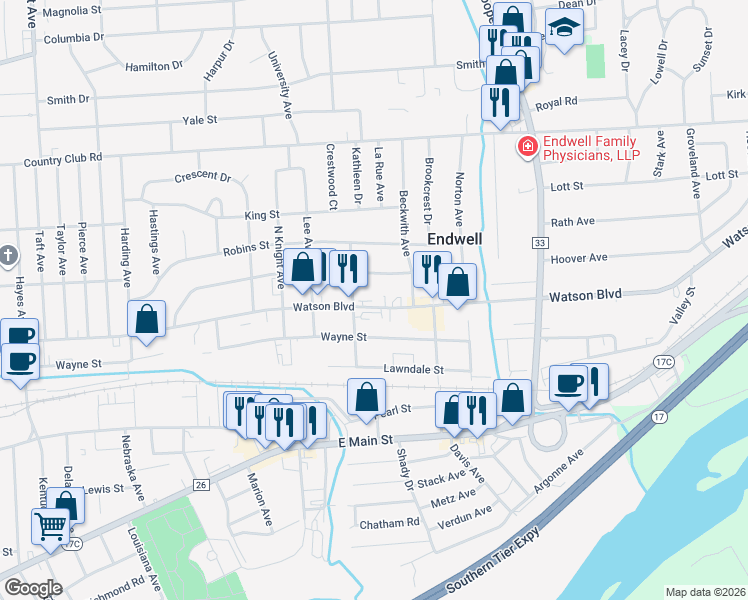 map of restaurants, bars, coffee shops, grocery stores, and more near 3109 Watson Blvd in Endicott