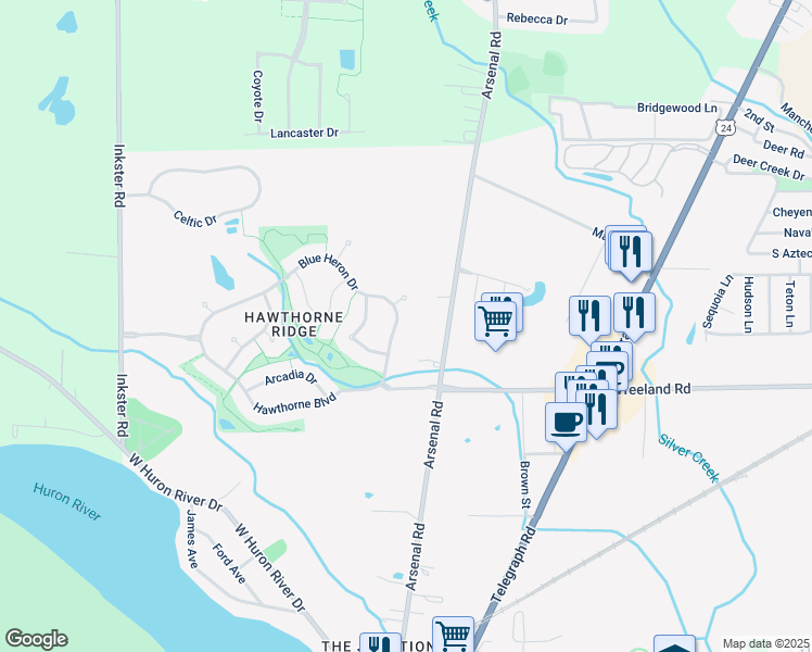 map of restaurants, bars, coffee shops, grocery stores, and more near 26443 Blue Heron Drive in Flat Rock