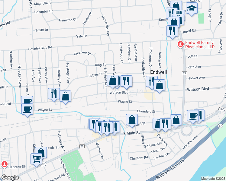 map of restaurants, bars, coffee shops, grocery stores, and more near 2909 Watson Boulevard in Endicott