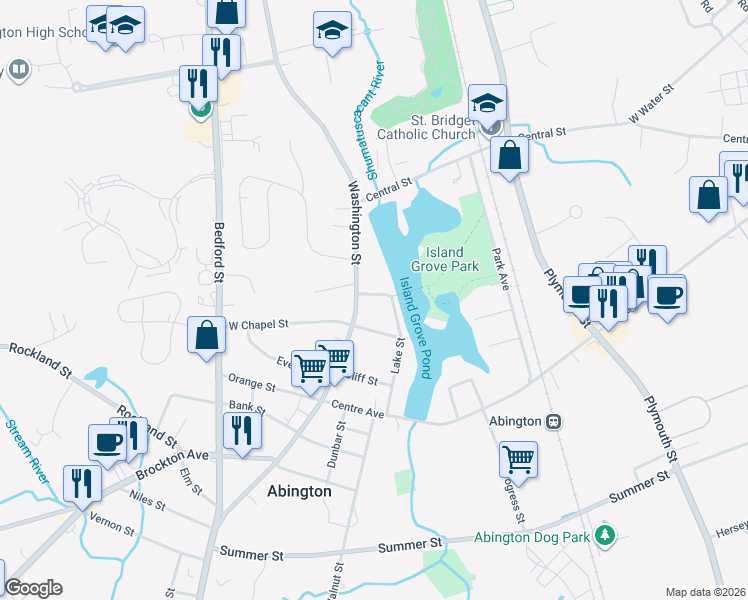 map of restaurants, bars, coffee shops, grocery stores, and more near 701 Washington Street in Abington