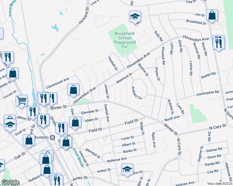 map of restaurants, bars, coffee shops, grocery stores, and more near 35 Hermon Street in Brockton