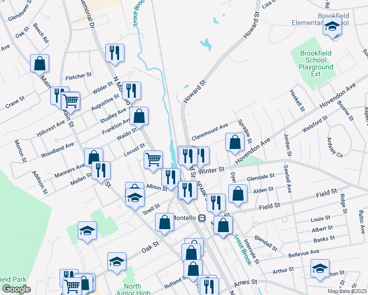 map of restaurants, bars, coffee shops, grocery stores, and more near 192 Howard Street in Brockton