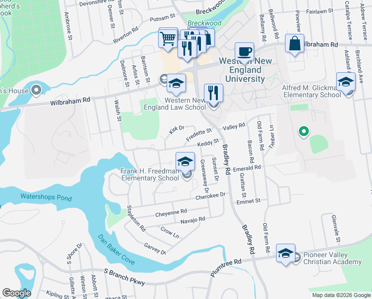 map of restaurants, bars, coffee shops, grocery stores, and more near 85 Keddy Street in Springfield