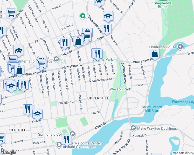 map of restaurants, bars, coffee shops, grocery stores, and more near 66 Suffolk Street in Springfield