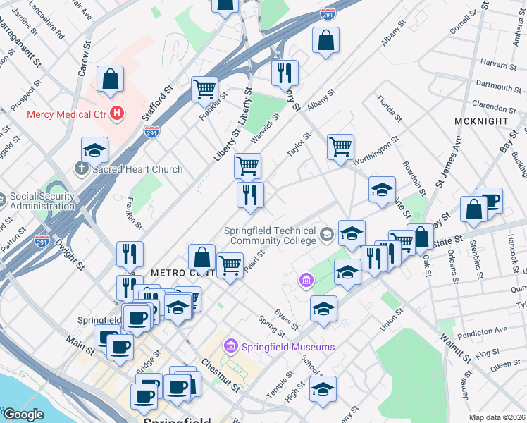 map of restaurants, bars, coffee shops, grocery stores, and more near 797 Worthington Street in Springfield