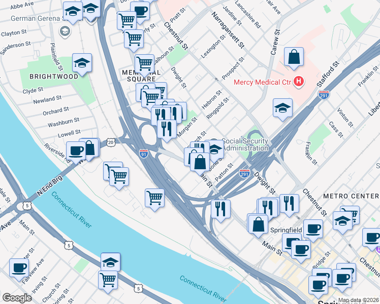 map of restaurants, bars, coffee shops, grocery stores, and more near 2273 Main Street in Springfield