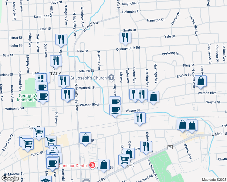 map of restaurants, bars, coffee shops, grocery stores, and more near 120 Hayes Avenue in Endicott