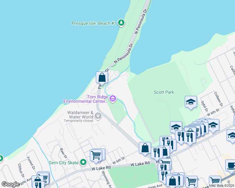 map of restaurants, bars, coffee shops, grocery stores, and more near in Erie