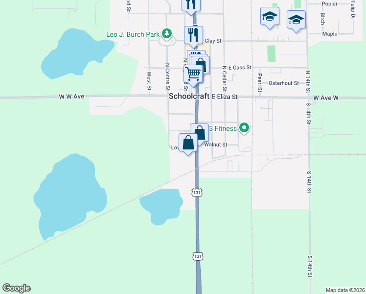 map of restaurants, bars, coffee shops, grocery stores, and more near 128 Lovell in Schoolcraft