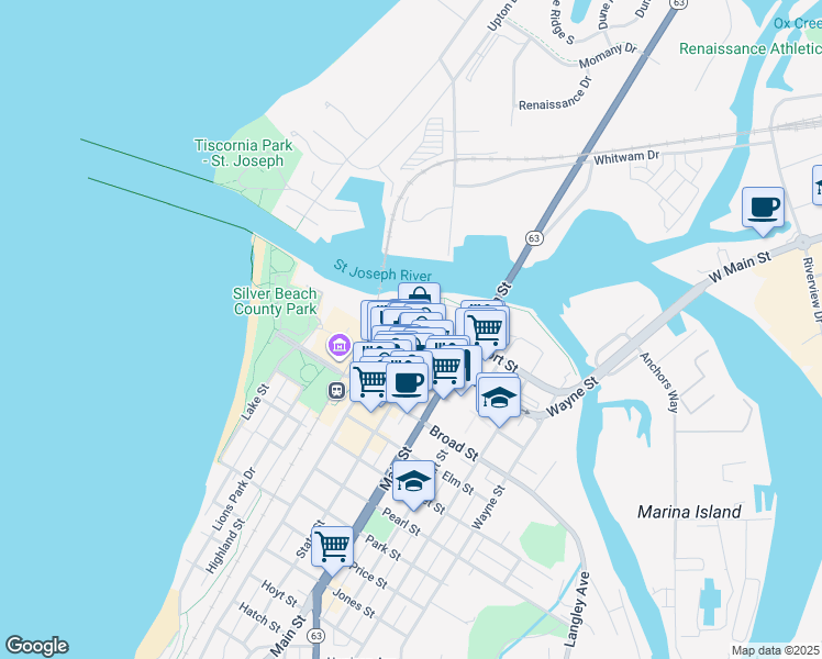 map of restaurants, bars, coffee shops, grocery stores, and more near 100 State Street in St. Joseph