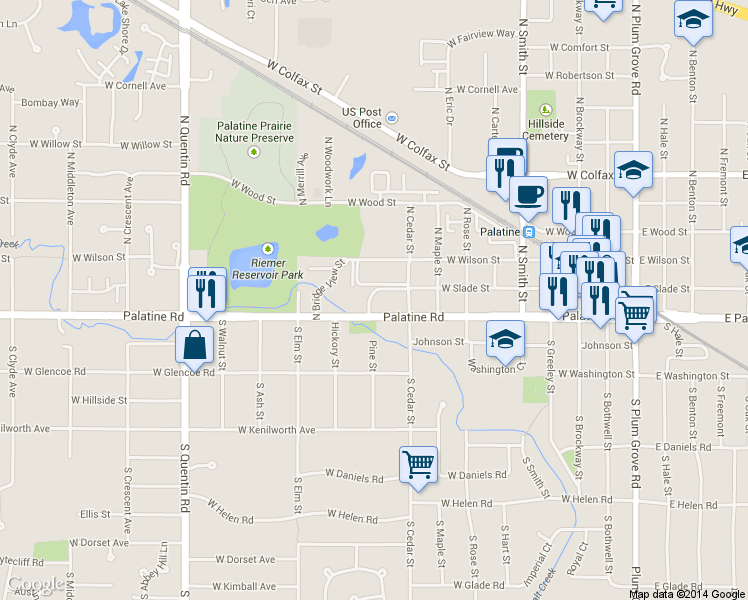 map of restaurants, bars, coffee shops, grocery stores, and more near 430 West Palatine Road in Palatine