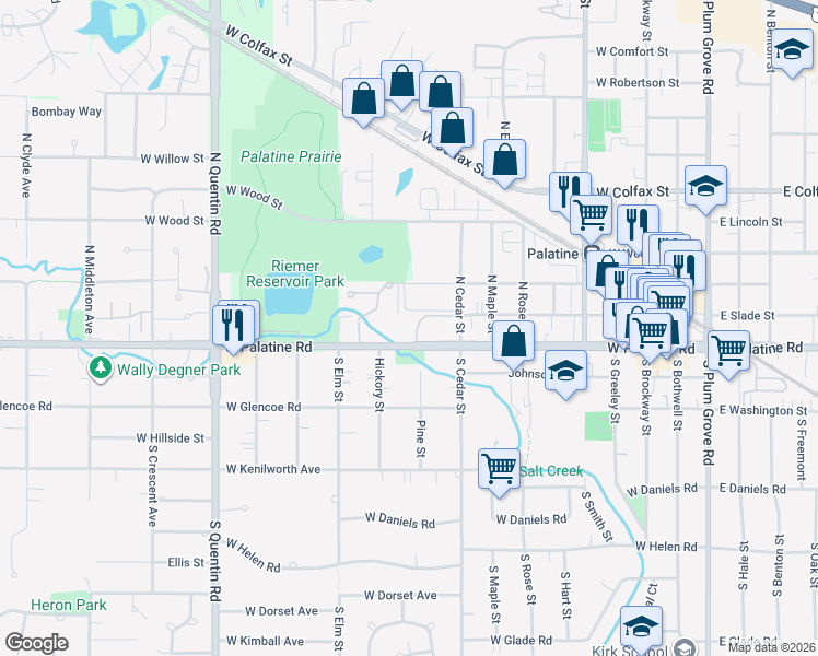map of restaurants, bars, coffee shops, grocery stores, and more near 512 West Palatine Road in Palatine