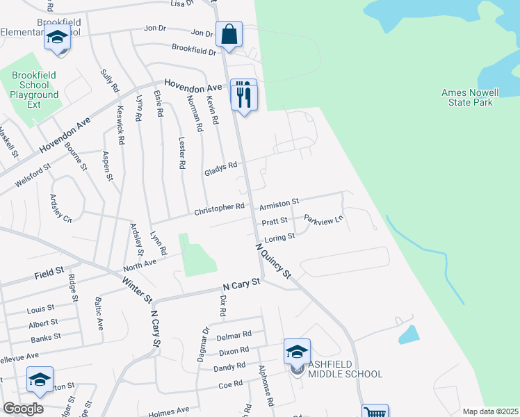 map of restaurants, bars, coffee shops, grocery stores, and more near 12 Armiston Street in Brockton