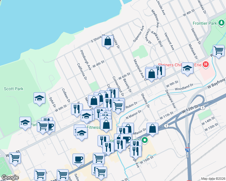 map of restaurants, bars, coffee shops, grocery stores, and more near 625 Colorado Drive in Erie