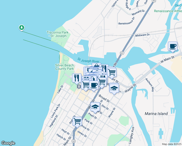 map of restaurants, bars, coffee shops, grocery stores, and more near 200 Lake Street in St. Joseph