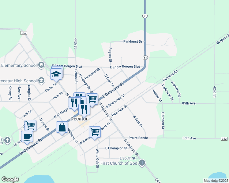 map of restaurants, bars, coffee shops, grocery stores, and more near 222 East Delaware Street in Decatur