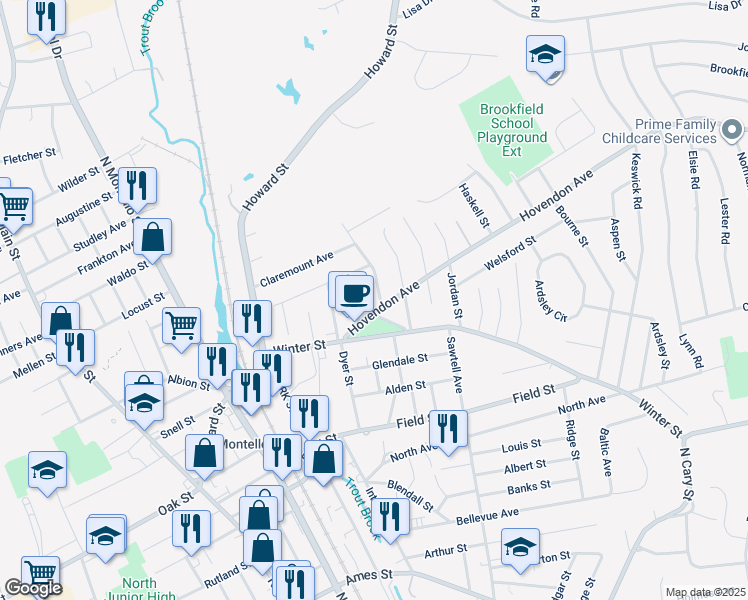 map of restaurants, bars, coffee shops, grocery stores, and more near 6 Sprague Street in Brockton