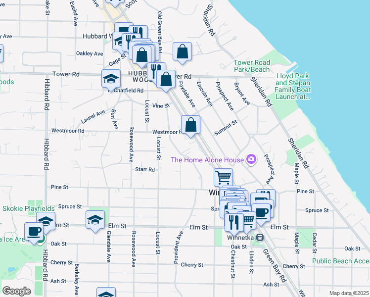 map of restaurants, bars, coffee shops, grocery stores, and more near 707 Walden Rd in Winnetka