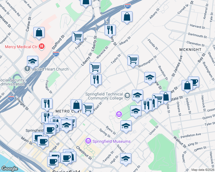 map of restaurants, bars, coffee shops, grocery stores, and more near 797 Worthington Street in Springfield