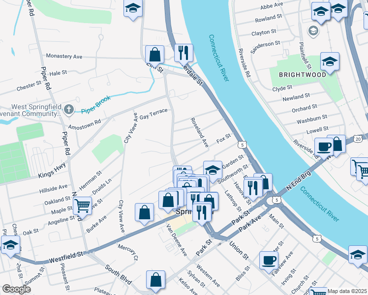 map of restaurants, bars, coffee shops, grocery stores, and more near 21 Neptune Avenue in West Springfield