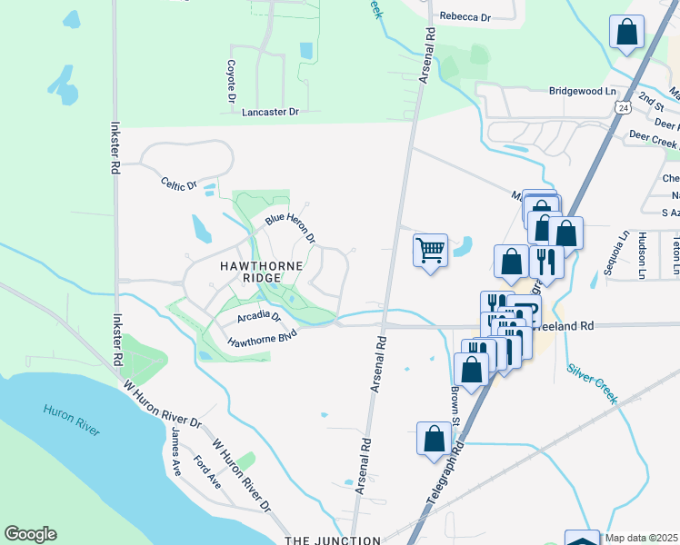map of restaurants, bars, coffee shops, grocery stores, and more near 26443 Blue Heron Drive in Flat Rock
