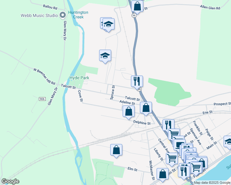 map of restaurants, bars, coffee shops, grocery stores, and more near 75 Talcott Street in Owego