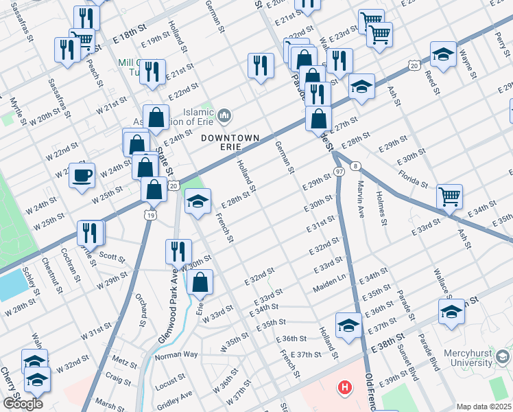 map of restaurants, bars, coffee shops, grocery stores, and more near 2822 Holland St in Erie