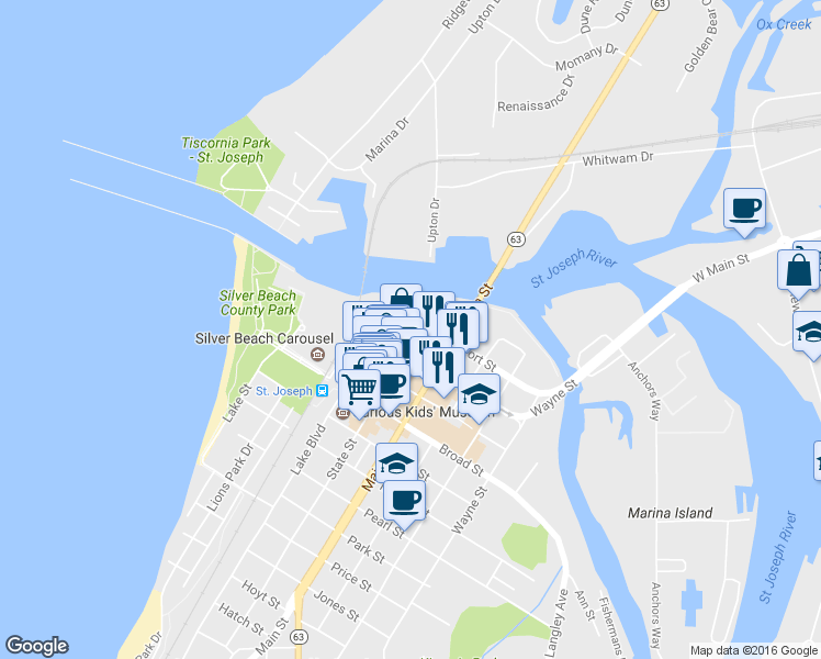 map of restaurants, bars, coffee shops, grocery stores, and more near 100 State Street in St. Joseph